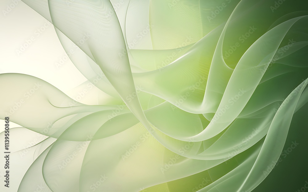 Poster abstract digital art with a green and white gradient background, featuring dynamic wave-like curved 