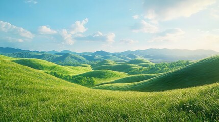Fototapeta premium Green Fields and Green Hills Landscape in Bright Blue Sky