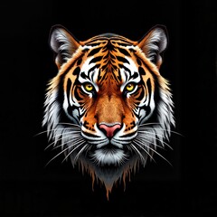 Fototapeta premium Roaring Tiger Portrait with Dramatic Dark Background and Bold Highlights, Print for T-Shirt