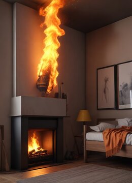 Un bombero con manguera apaga un incendio en una habitaci?n con paredes quemadas, apagado, bomberos, evacuaci?n