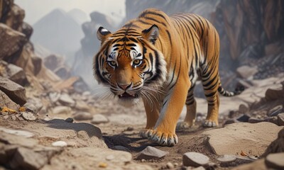 Obraz premium The Bengal tiger's sharp claws dig into the earth as it makes a quick turn to gain on its quarry, green, forest