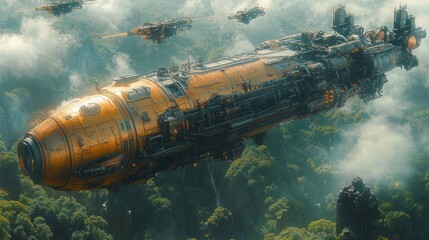 Futuristic orange spaceship flies over lush jungle landscape.