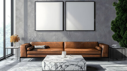 Elegant living room with leather sofa and marble table
