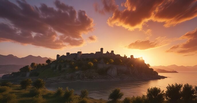 Sunset casting a warm glow over the historic Ananuri fortress , ancient, ecclesiastical