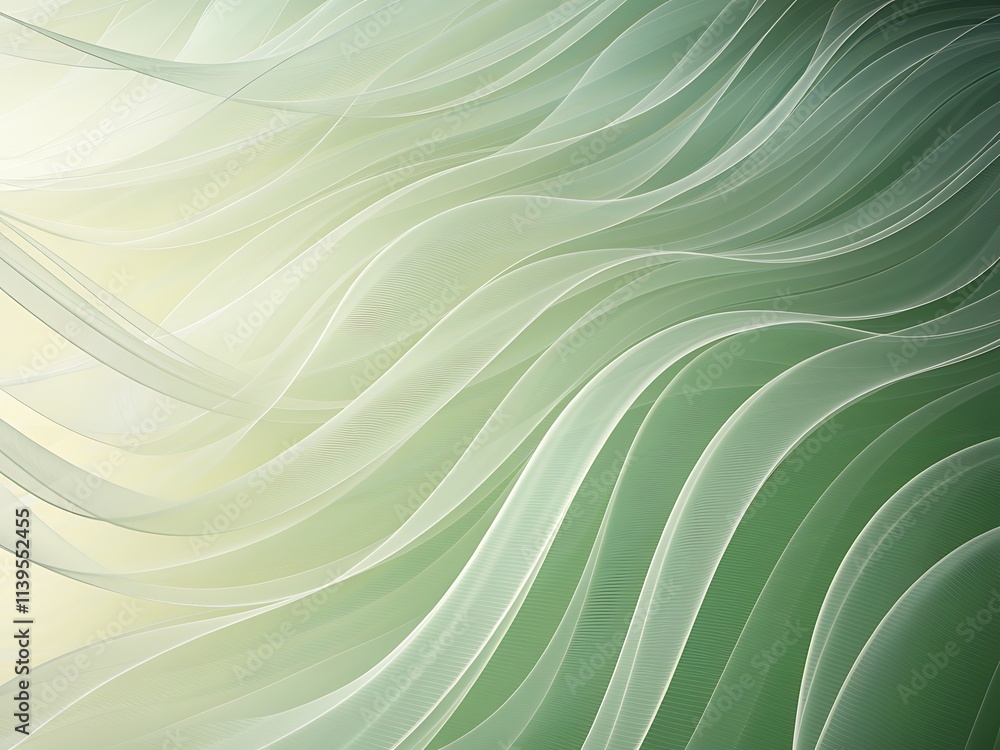 Poster abstract digital art with a green and white gradient background, featuring dynamic wave-like curved 