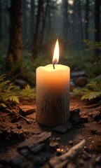 Softly glowing candle with a natural wood wick casts a warm ambient light on the darkened forest floor, outdoor, woods