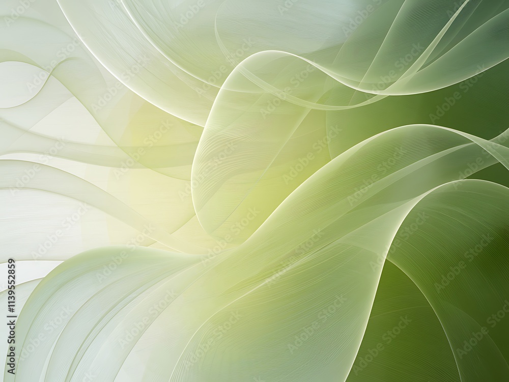 Poster abstract digital art with a green and white gradient background, featuring dynamic wave-like curved 