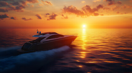 A luxurious motorboat sailing on the sea at dawn.