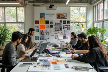 Team collaboration and brainstorming session in modern office space visual content creation creative environment group perspective