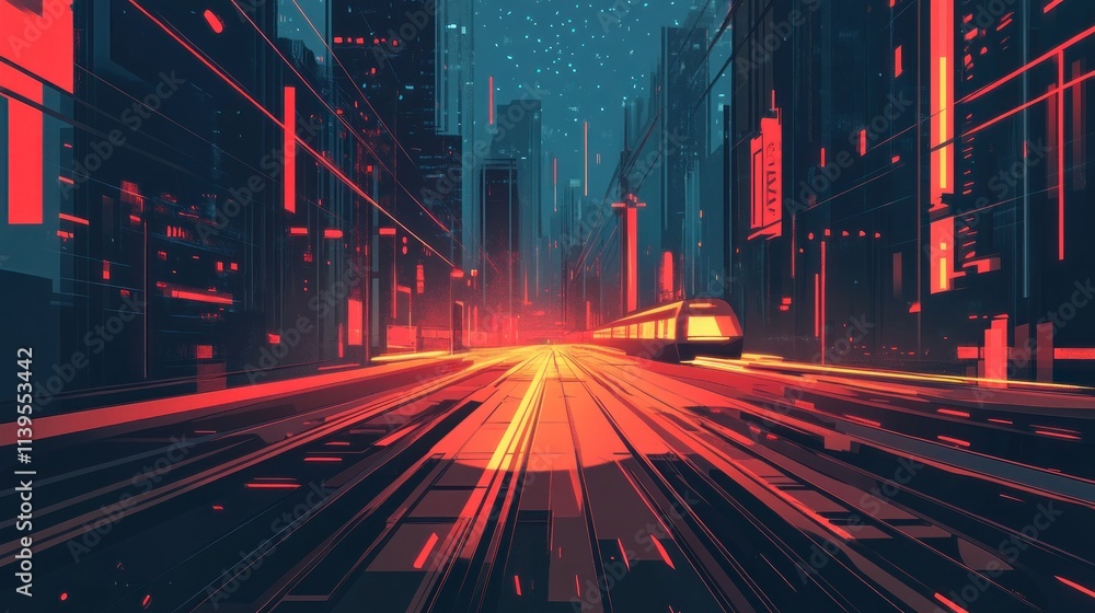 Poster a vibrant, futuristic cityscape illuminated by neon lights and dynamic motion.