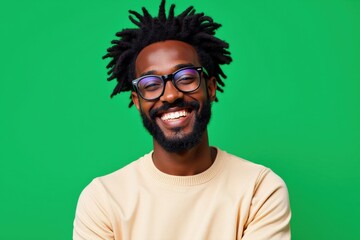Obraz premium Happy African American Man with Dreadlocks and Glasses Smiling for Professional Headshot on Green Background
