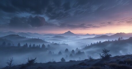 Obraz premium shimmering blue misty landscape with foggy atmosphere, glowing haze, misty landscape, ethereal scene