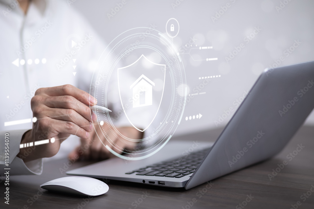 Poster cyber security and security password login online concept hands typing and entering username and pas