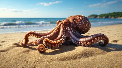 A detailed octopus sprawls across golden sand with ocean waves and a clear blue sky in the background. Its vibrant tentacles contrast beautifully with the natural coastal setting