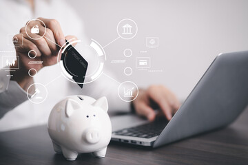 Online Banking apps, business people using finance and banking on the internet, and Commercial e-commerce technology. Digital online payment and shopping on the network connection.