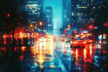 Fototapeta premium An impressionist portrayal of a cityscape under rainy conditions.