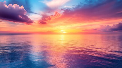 Obraz premium Vibrant Sunset over Calm Ocean. Dramatic Sky, Colorful Horizon, Peaceful Seascape.