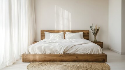 modern farmhouse bedroom, high-end design, wooden bedframe with soft linen bedding