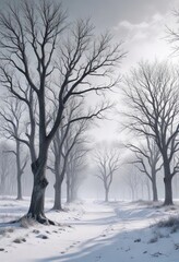 Monochromatic winter landscape with bare trees, black and white, trunk, bare