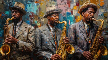 Fototapeta premium Three men in suits and hats playing saxophones, vibrant impasto painting.