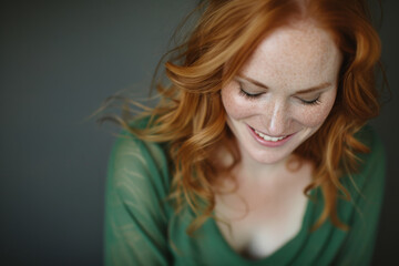 Portrait photo of a caucasian European female model looking down at something with a smiling face isolated on a green background