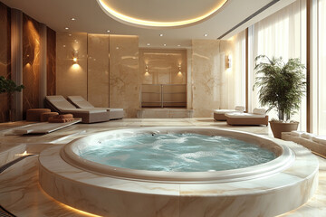 Interior of a luxury spa salon with a jacuzzi and a large window. Spa relaxation concept.
