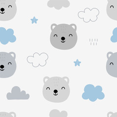 Seamless pattern with cute bear, cloud and star for your fabric, children textile, apparel, nursery decoration, gift wrap paper, baby's shirt. Vector illustration