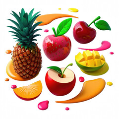 HD Pineapple, strawberry, apple, cherry, mango juice. Fresh fruits and splashes, 3d vector icon set, cutout