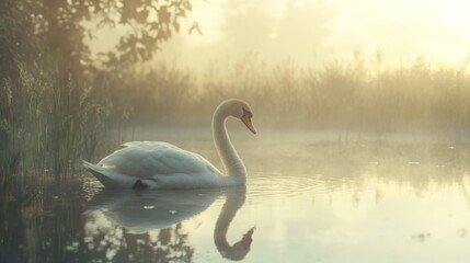 Serene swan on misty lake at sunrise.