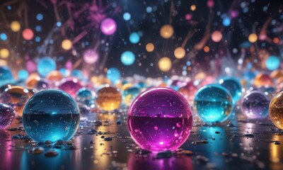 Glittering orbs suspended in a sea of colorful chaos, explosion, shimmering lights, abstract