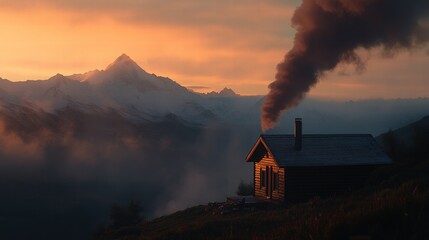 Cozy mountain cabin with smoke rising at sunset in winter landscape
