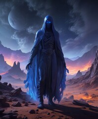 Ghostly entities converge on a seemingly endless, cobalt expanse, expanse, converge,