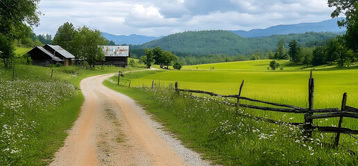 Naklejka premium A serene dirt road leads to a rustic house amidst lush green fields.
