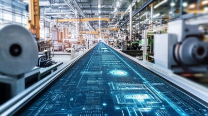 Smart factory conveyor belt with digital overlay showing automation and technology.