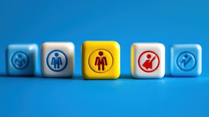 Five colorful dice with gender icons.