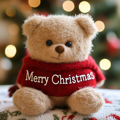 Adorable Christmas Teddy Bear with Red Festive Sweater on Blurred Holiday Background