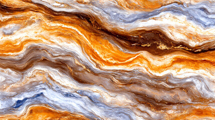 Obraz premium Swirling marble stone texture with natural patterns in orange, white, and brown hues creates stunning visual effect. Ideal for backgrounds or design elements