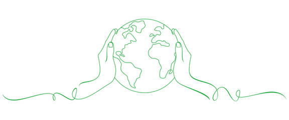 Earth Day line art style. Globe with Hands in simple linear style. Line vector elements