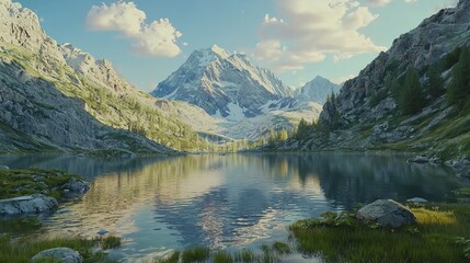 Fototapeta premium Idyllic Summer Landscape with Mountain Lake and Alpine Scenery