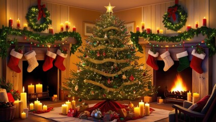 A warm and cozy scene depicting the Heart of Christmas Eve, where twinkling fairy lights and lush green garlands adorn a rustic wooden mantle, surrounded by candles, ornaments, and stockings hung by t