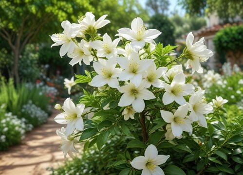 Flor de linda jasmim branca em jardim com flores e arbustos verdes, greenery, blossoms