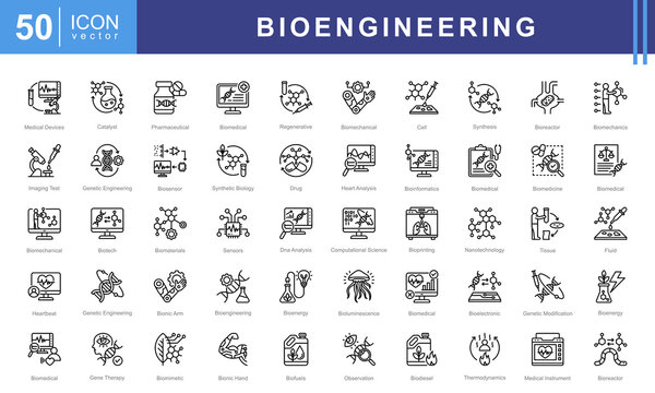 Bioengineering icon set of biomedical, bioluminescence, model, mineral, pharmaceutical, device, mechanical, computing, nanotechnology, data analysis, ethics, processing, imaging, genetic engineering