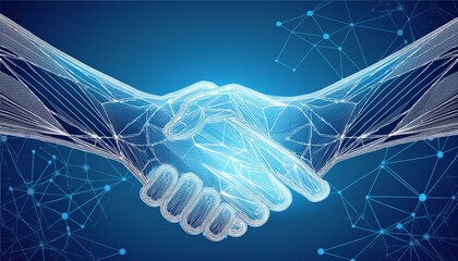 A digital handshake on a blue tech background with abstract hands made of lines, dots, and triangles.