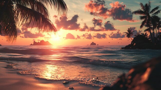 Tropical beach sunset with palm trees scenic ocean view nature photography tranquil environment vibrant colors - Powered by Adobe