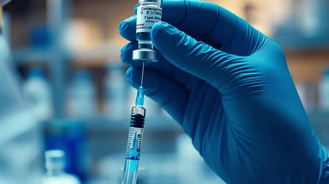 This image shows a hand in a glove holding a vial and syringe to prepare a vaccine dose. It emphasizes the role of vaccines in health. A clear medical concept. Generative AI