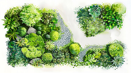 Hand-painted watercolor trees and planst. Top down view of plants, shrubs, paths landscape design materials for architecture plans. Landscape layout plan and architecture drawing elements