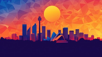 Obraz premium Vibrant, stylized illustration of Sydney skyline at sunset with geometric patterns.