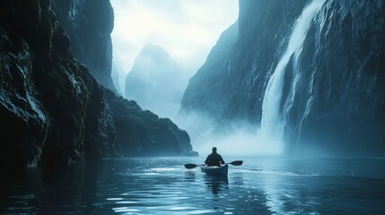 Solo traveler kayaking through misty fjord waterfall adventure nature serene environment close-up view exploration