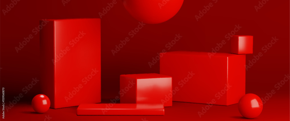 Poster minimalist geometric cube podiums of different height on red studio setup background. realistic glos