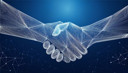 A digital handshake on a blue tech background with abstract hands made of lines, dots, and triangles. 